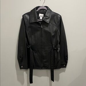 Petite Women's Black Belted Leather Jacket